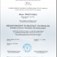 certifikát Medzinárodný zváračský technológ